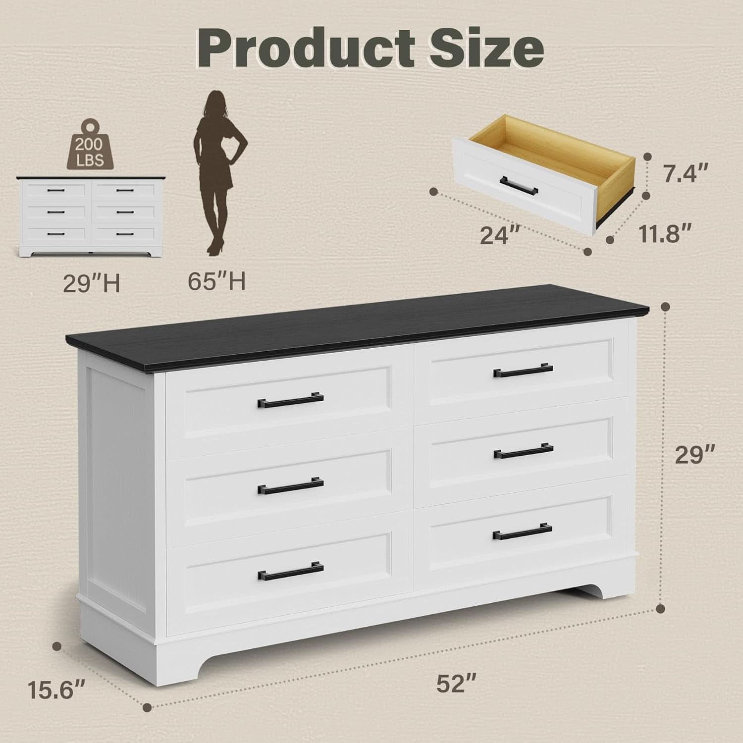 White Black Farmhouse Style Dresser With Deep Drawers