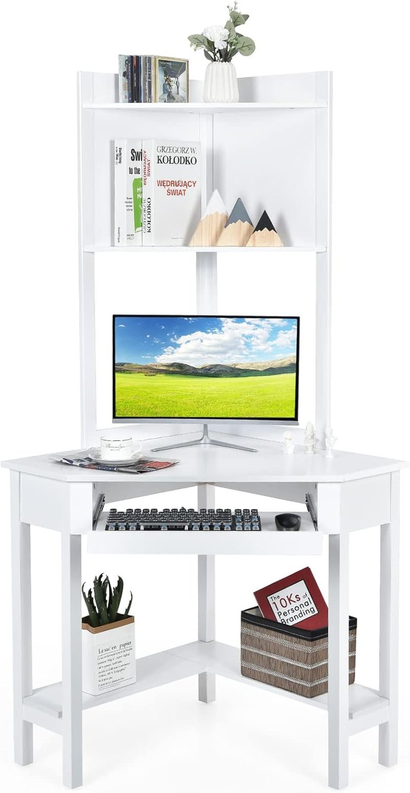 White Corner Desk With Hutch And Keyboard Tray For Small Spaces