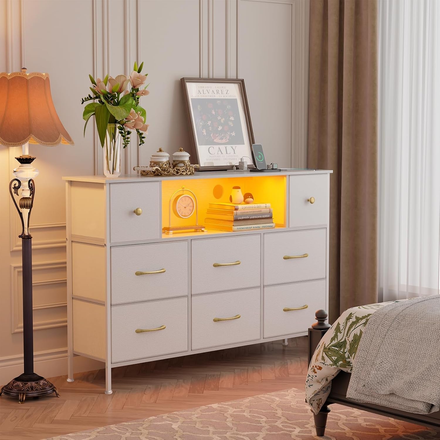 White Dresser And TV Stand 55 Inch With Power Outlets And LED Lights