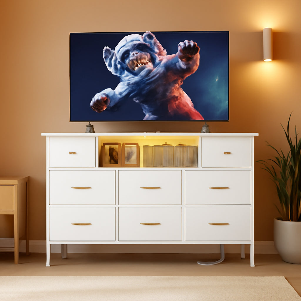 White Dresser And TV Stand 55 Inch With Power Outlets And LED Lights