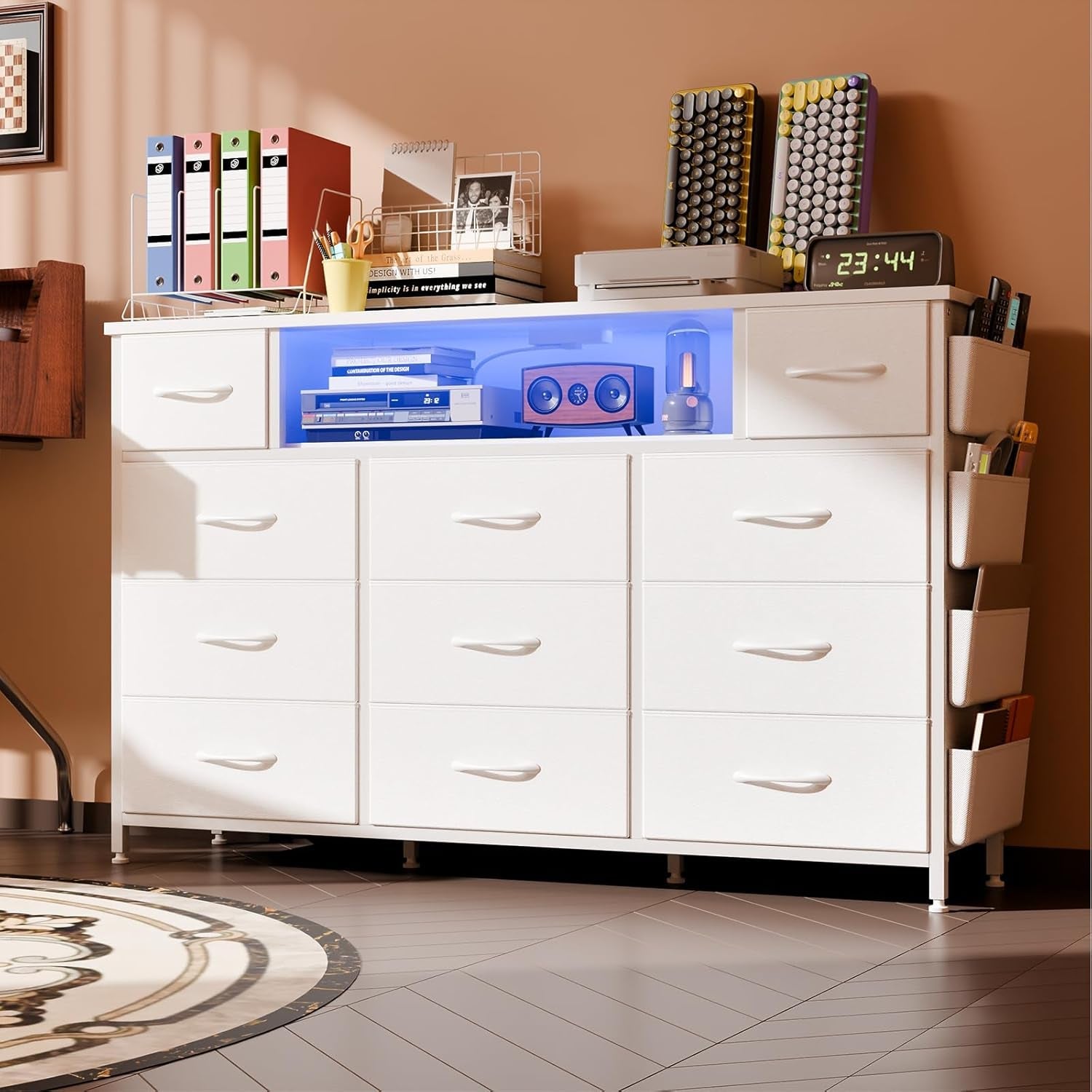 White Dresser With Power Outlets And LED Lights 11 Drawers