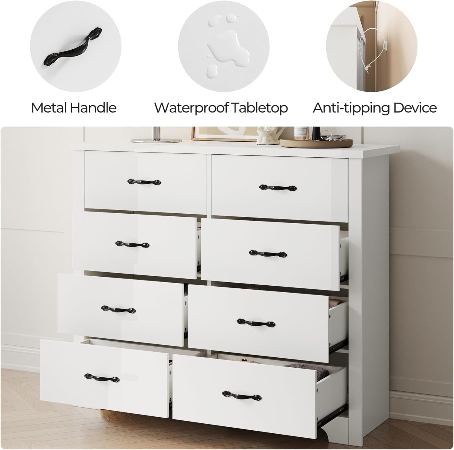 White Dresser With Wide Drawers For Bedroom Storage