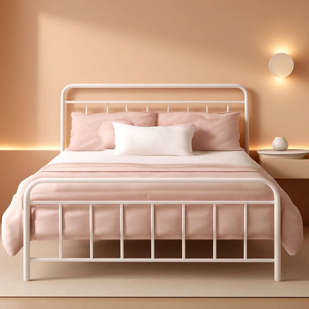 White Full Panel Metal Bed Frame Industrial Strength