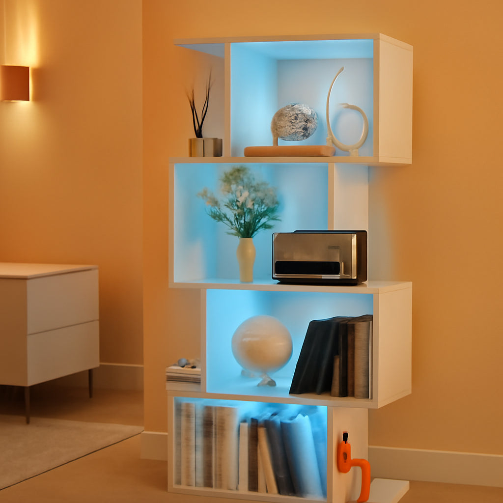 White Geometric Bookshelf With LED Light 5 Tier S Shaped Bookcase