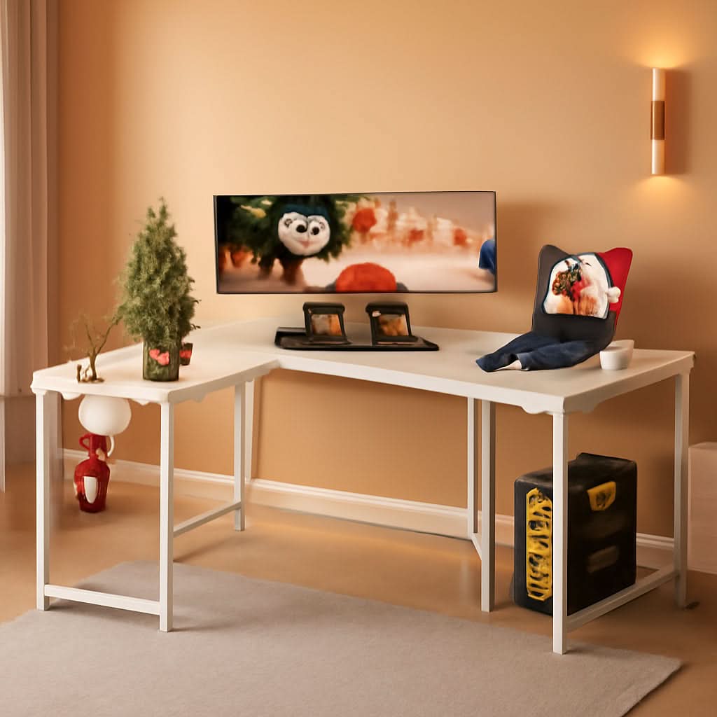 White L Shaped Gaming Desk 51 Inch Carbon Fiber Surface