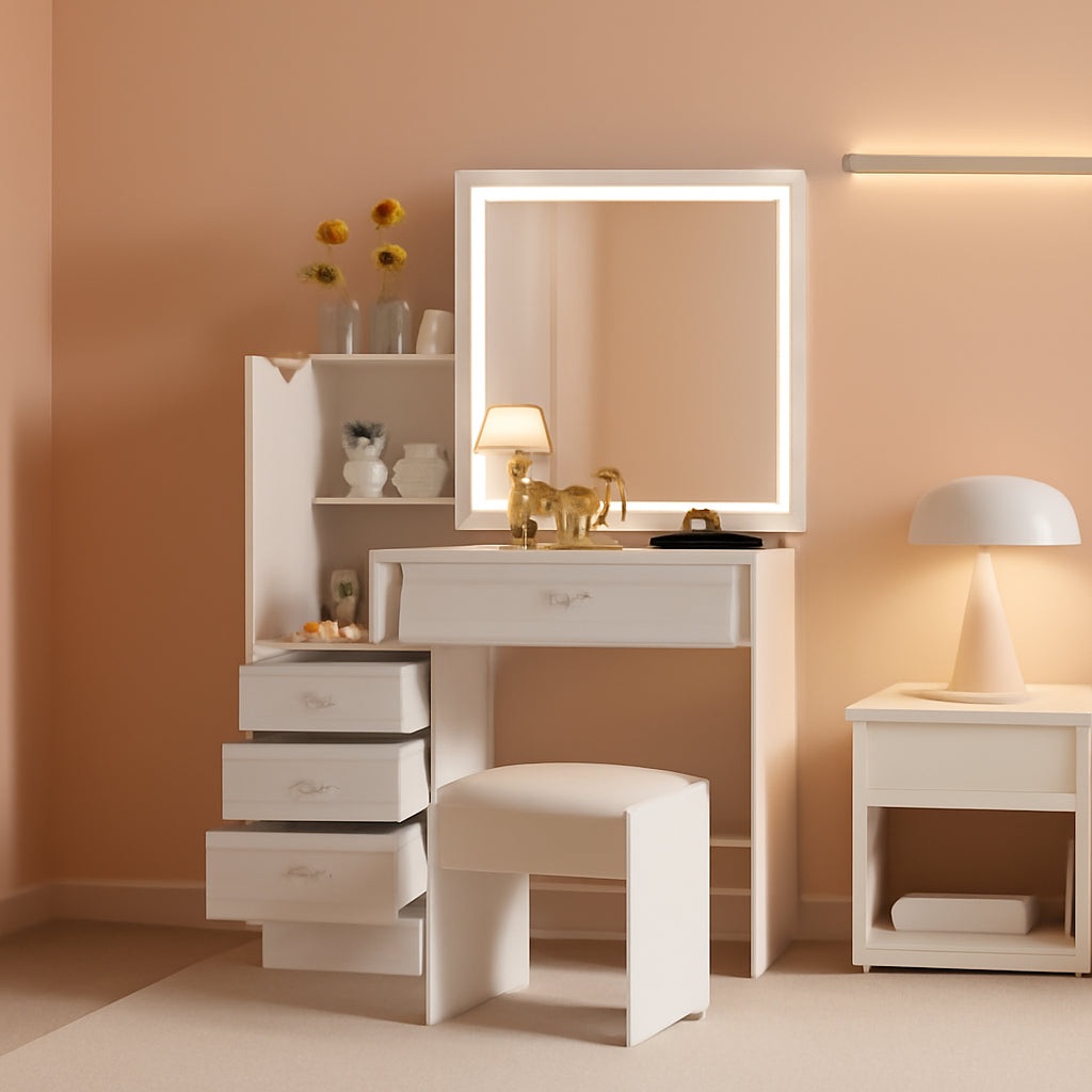 White Makeup Vanity Desk With Lighted Mirror And Drawers