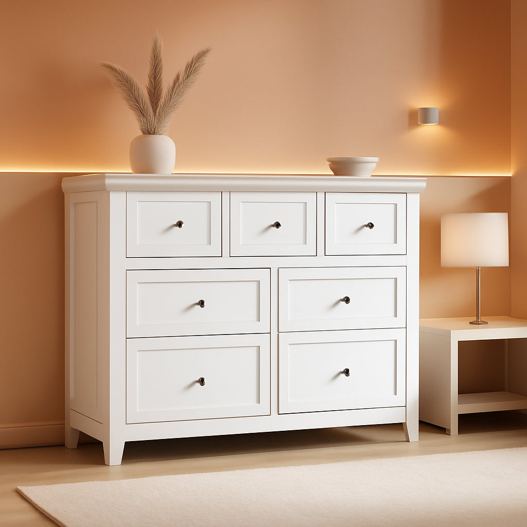 White Modern Seven Drawer Dresser For Bedroom Storage