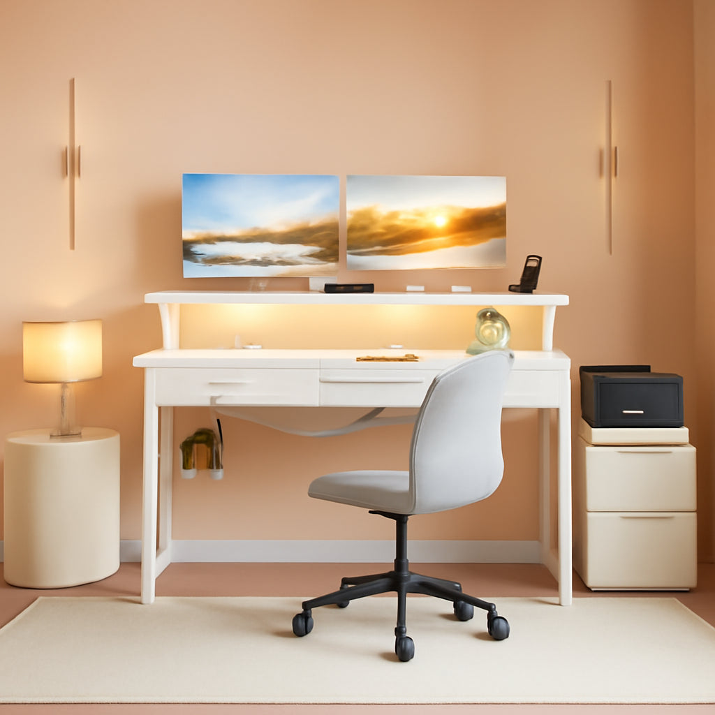 White Reversible Desk With LED Lighting For Home Office