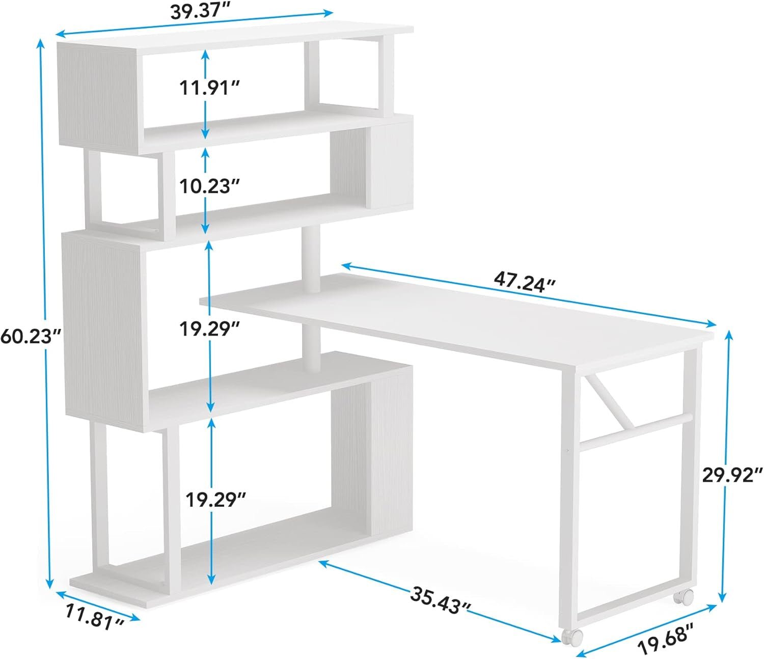 White Rotating L Shaped Desk with Bookshelf Storage