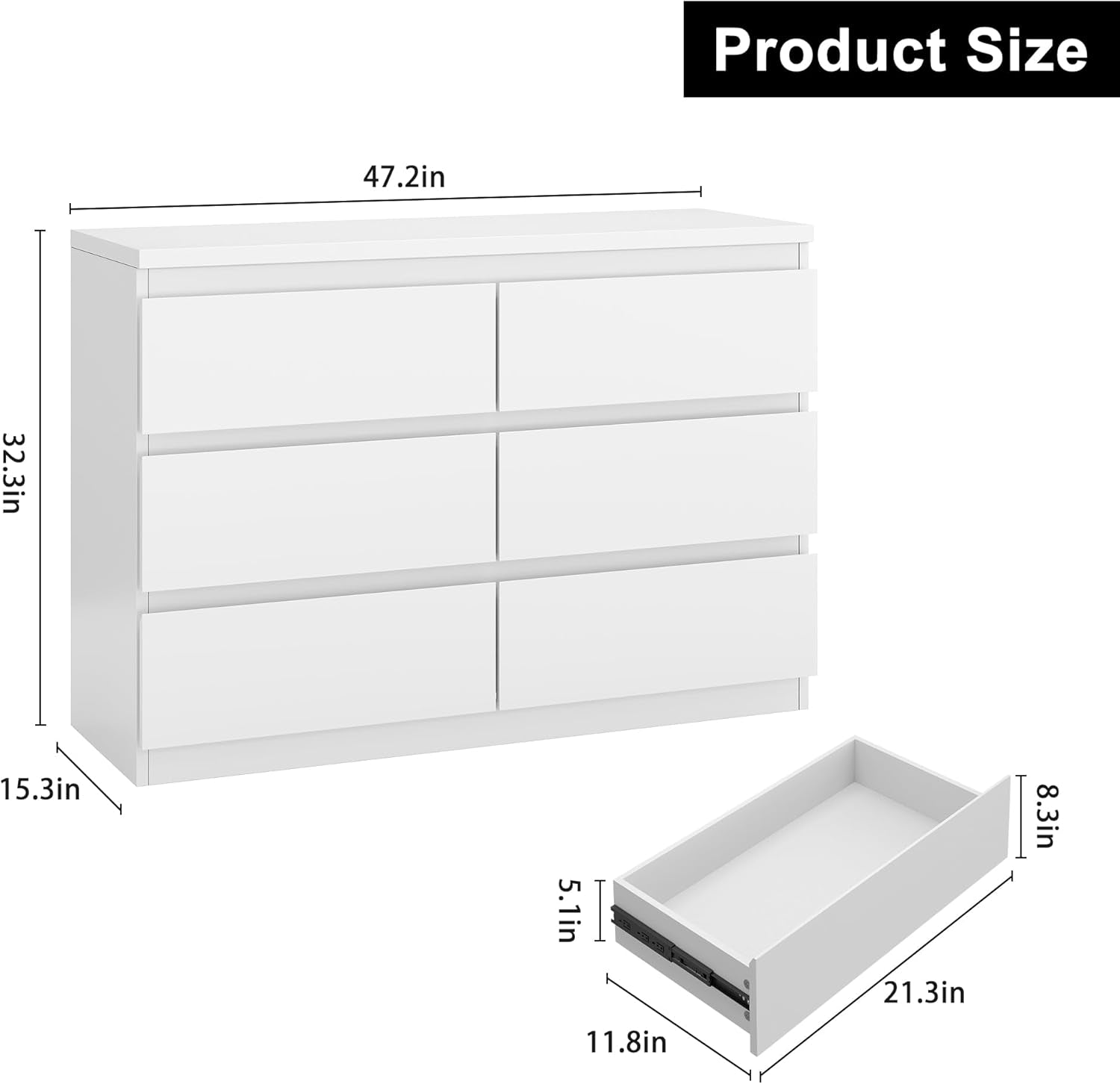 White Six Drawer Dresser For Bedroom Storage Organizing