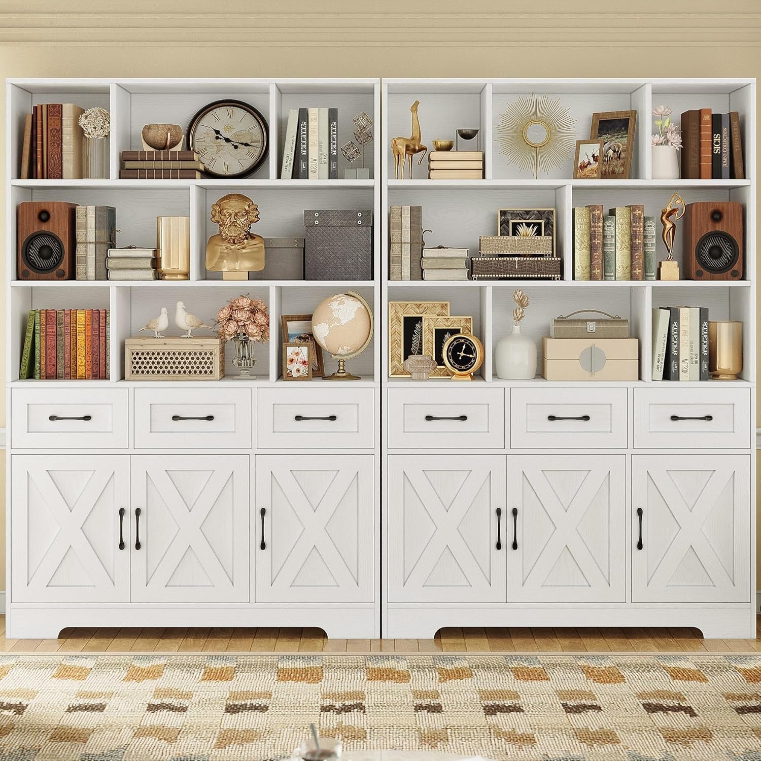 White Tall Bookshelf With Drawers And Cabinets Farmhouse