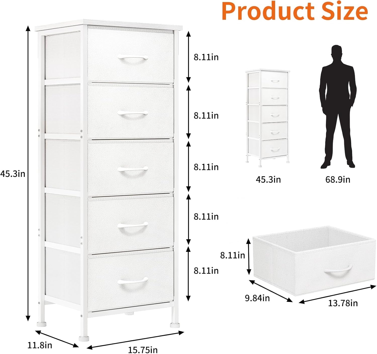 White Tall Dresser 5 Drawer Closet Storage Solution