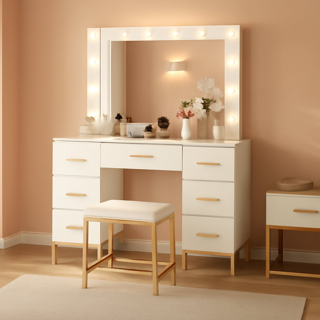 White Vanity Desk Set With Lighted Mirror For Bedroom