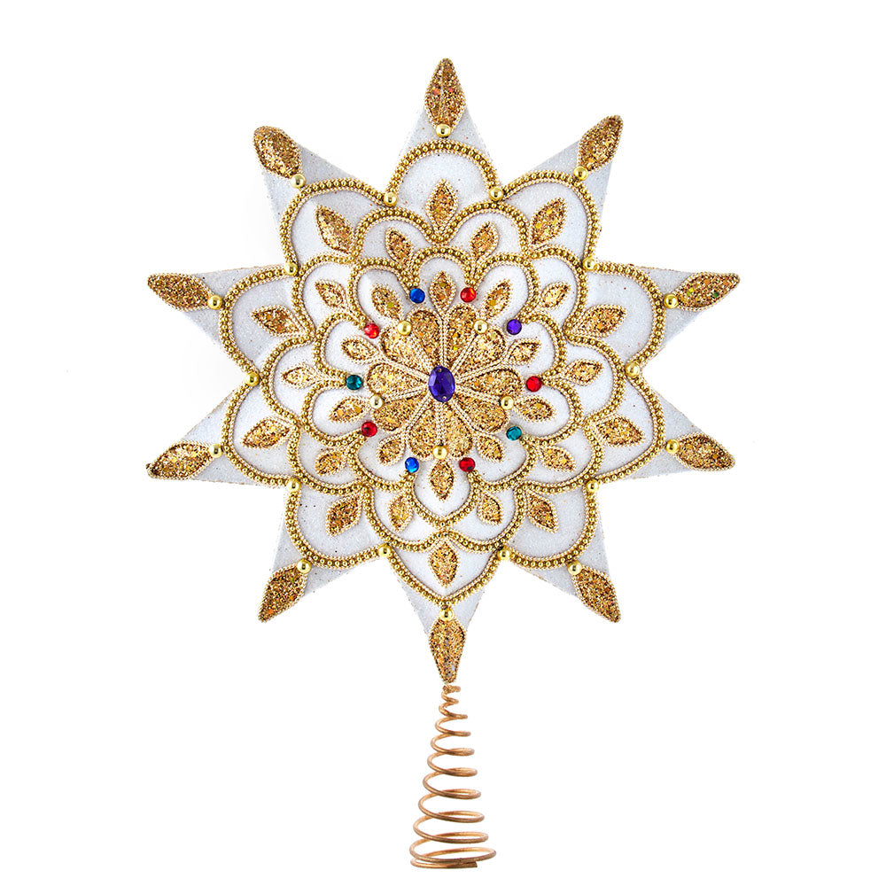 White and Gold Jeweled Star Treetop - 16 Inch