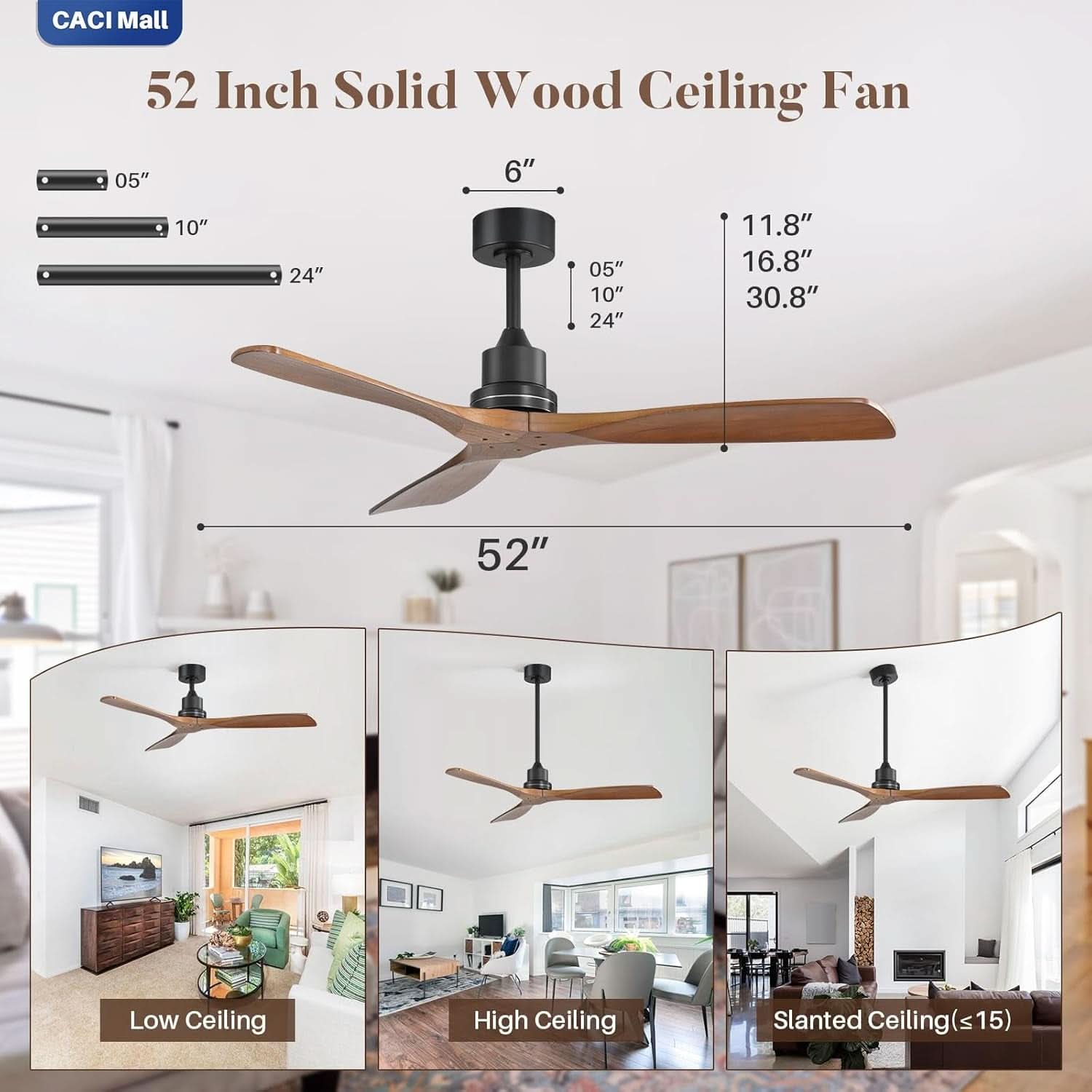 Wood Ceiling Fan 52 Inch Walnut Remote