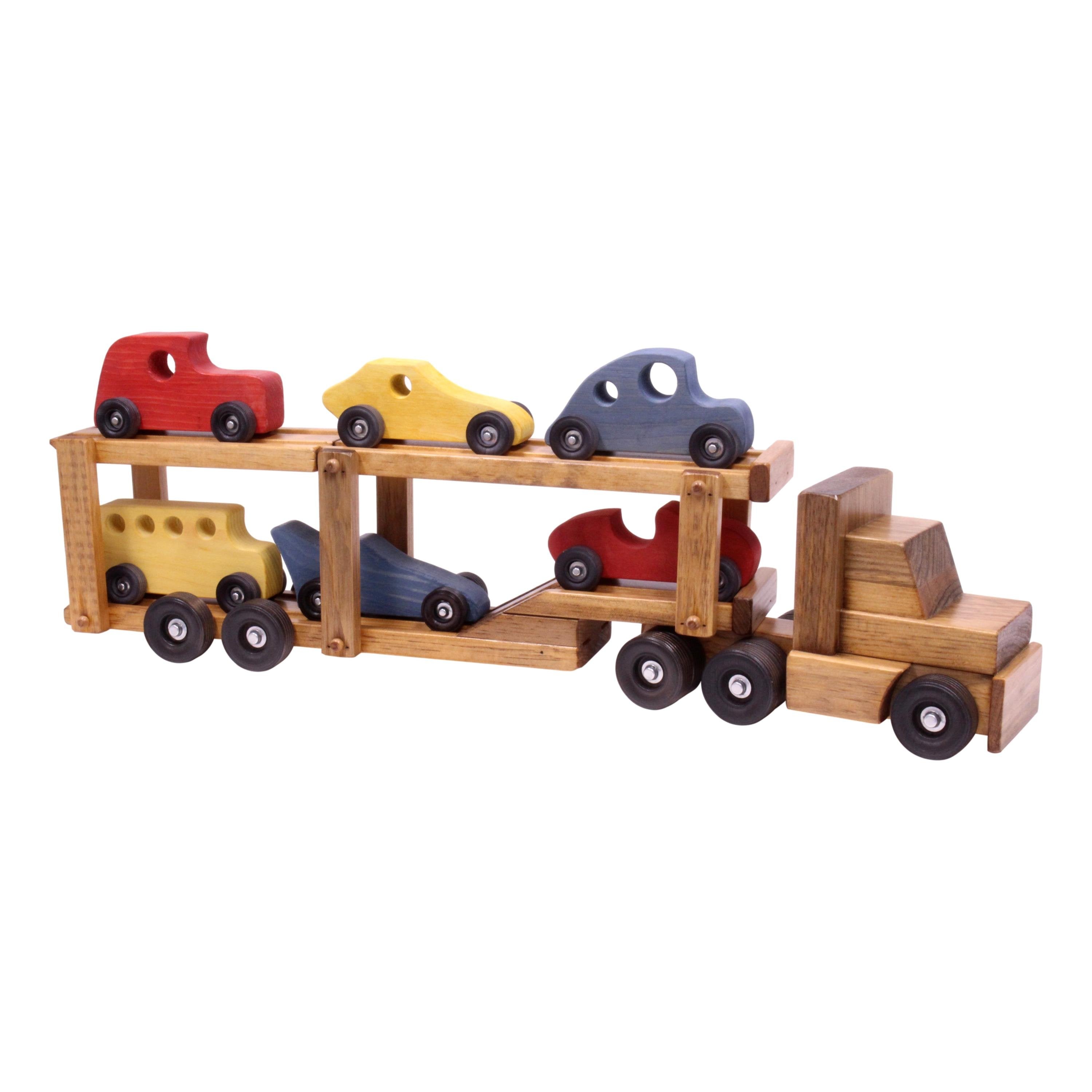 Wooden Car-Carrier Semi Truck and Trailer Toy Set with 6 Cars