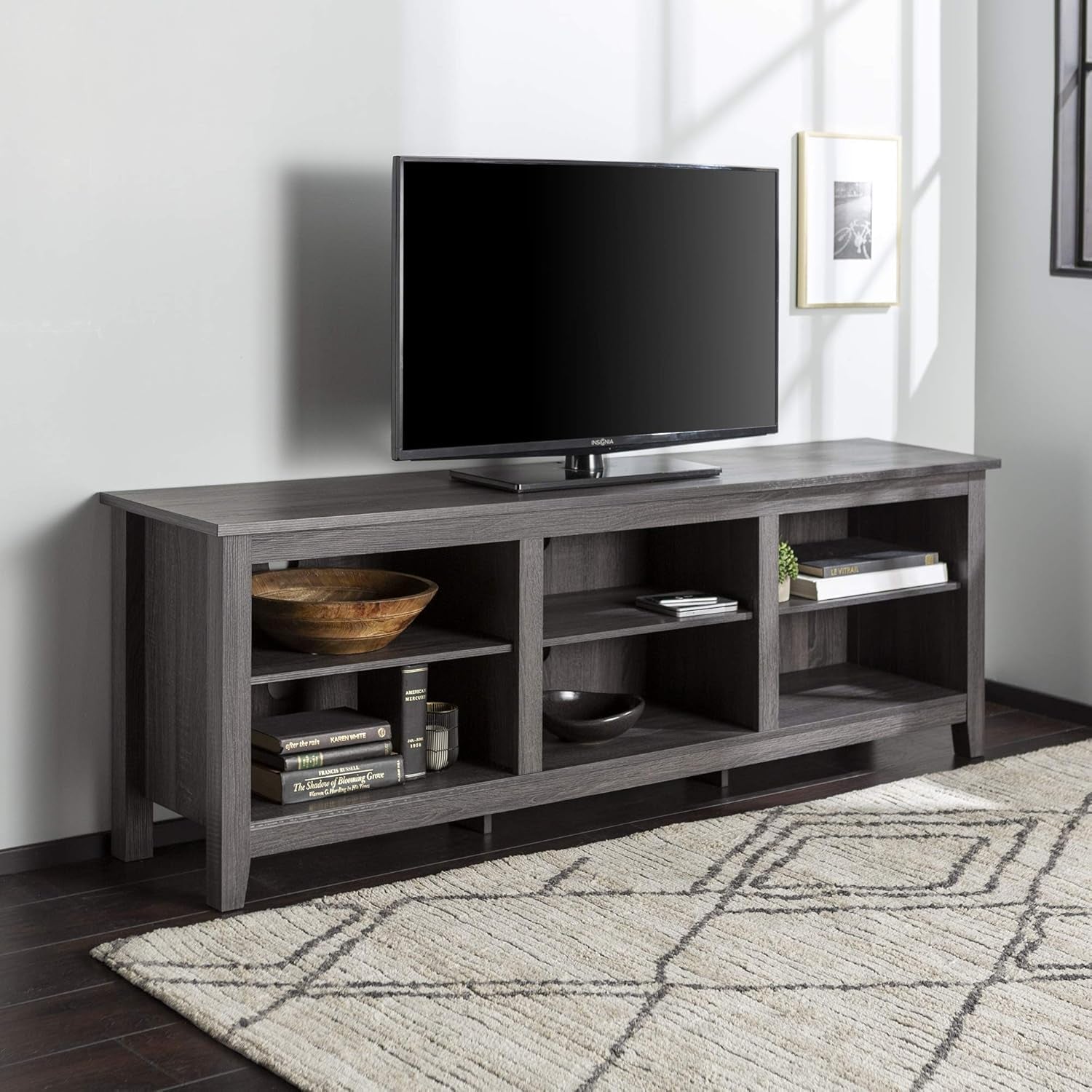Wren Classic 70 Inch TV Stand Charcoal With 6 Cubby