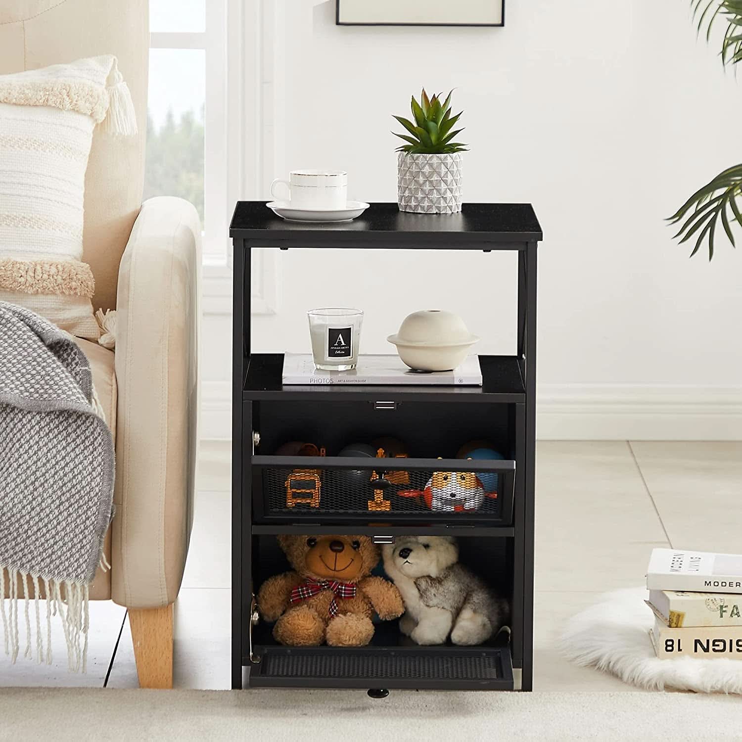 X Design Black Nightstand End Table With Flip Drawers