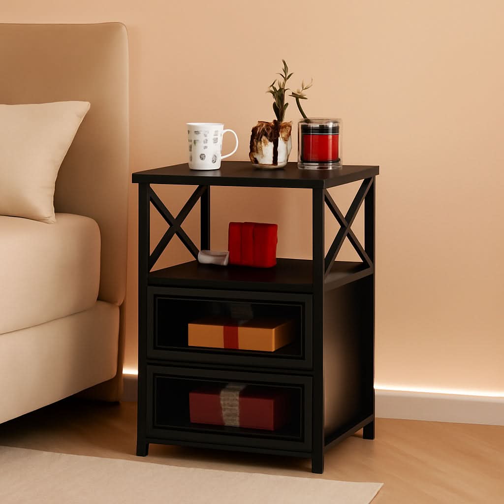 X Design Black Nightstand End Table With Flip Drawers