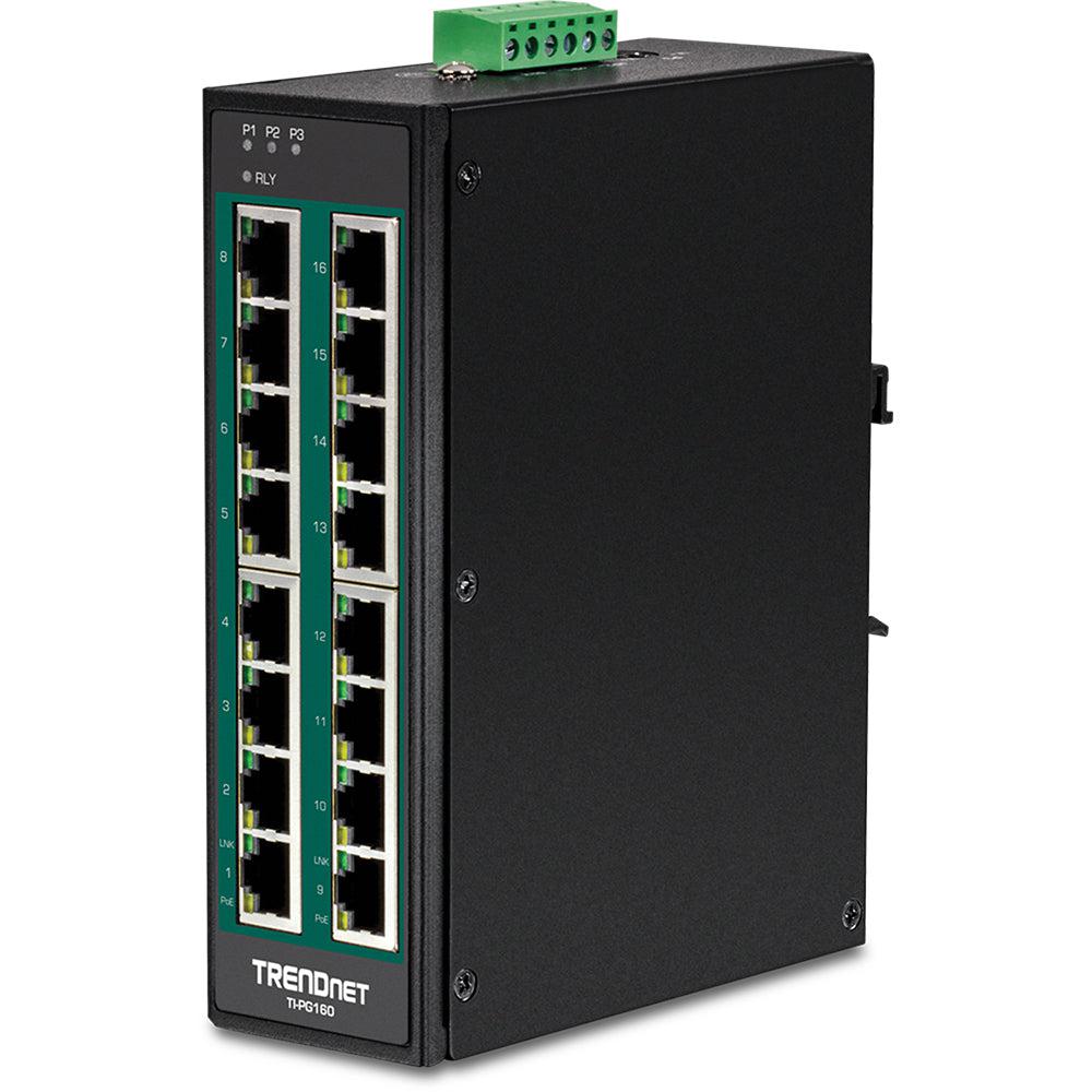 16-Port Industrial Gigabit PoE+ DIN-Rail Switch - TRENDnet TI-PG160