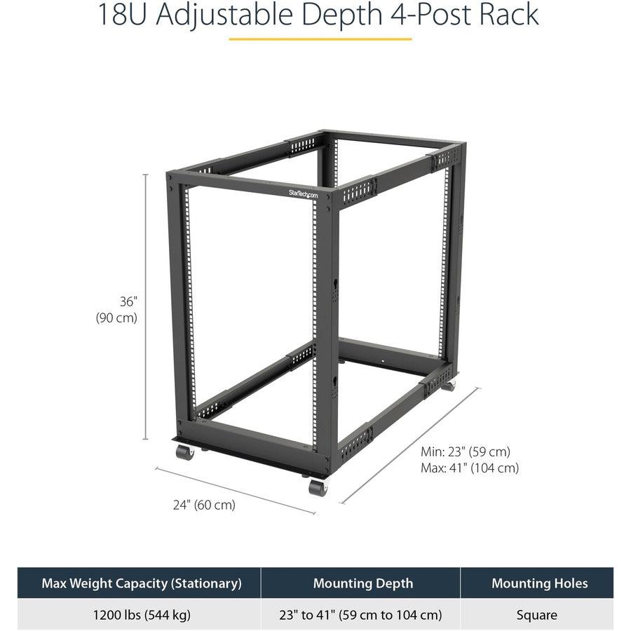 18U Mobile Open Frame Server Rack - Adjustable Depth IT Equipment Cabinet | StarTech 4POSTRACK18U