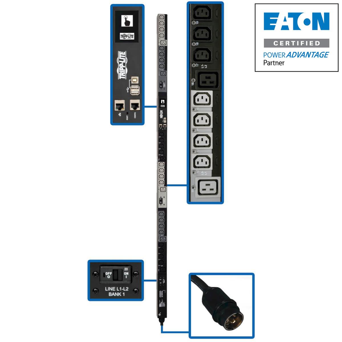 3 Phase Monitored PDU - Vertical 10kW Power Distribution Unit with LCD Display | Tripp Lite by Eaton PDU3EVS6L2130