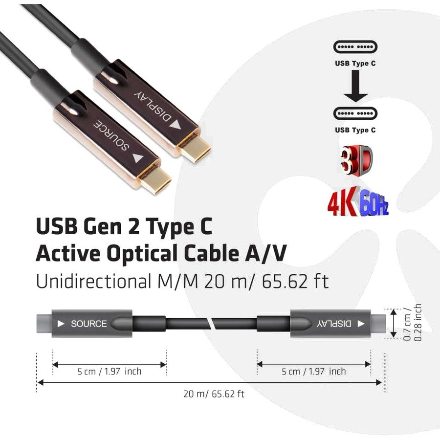 Club 3D USB Gen 2 Type C Active Optical Cable A/V Unidirectional M/M 20 m/ 65.62 ft CAC-1589