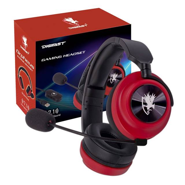 Digifast Op7-R Orpheus Red Gaming Headset, Noise-Canceling Adjustable Microphone, Remote Vol/Mic Control, Plug & Play, 50 Mm Driver