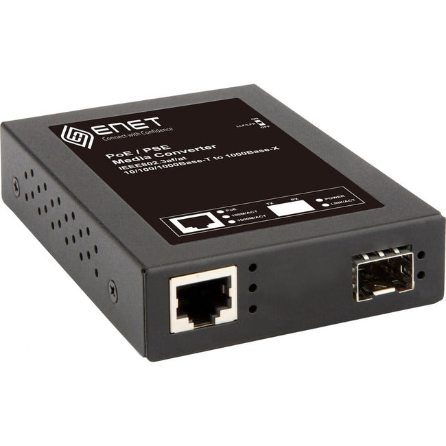 ENET Compatible ENTMC-FGETP-SFP - Functionally Identical 10/100/1000Base-T Power Over Ethernet (PoE) to 1000Base-X SFP (without SFP) Power Sourcing Equipment (PSE) Media Converter