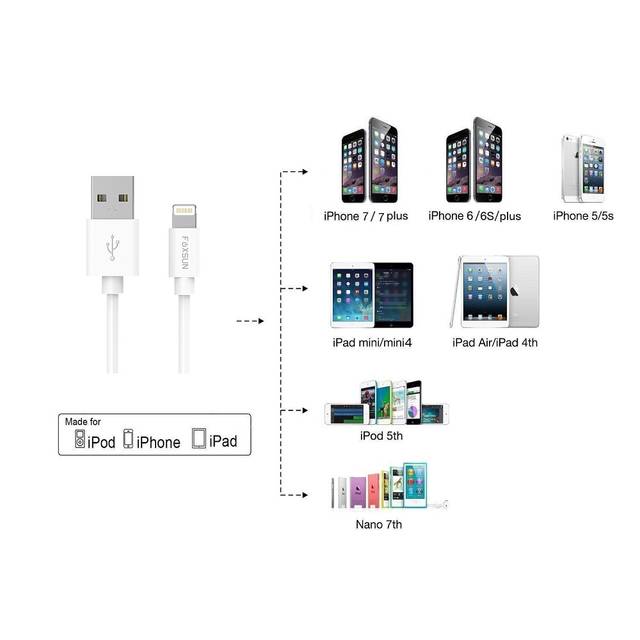 Foxsun Am001006 Iphone Charging Cable 6.6 Ft/2M Lightning Cable For Iphone 7/7Plus/6/6Plus/6S/6S Plus/5/5S/5C/Se, Ipad Pro/Air/Mini (White)