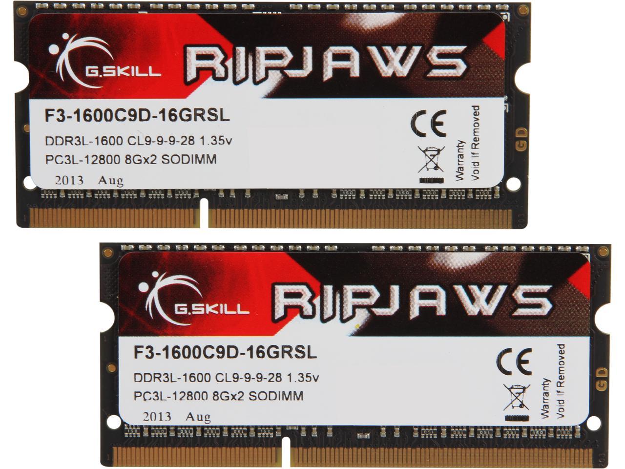 G.Skill Ripjaws Series 16Gb (2 X 8Gb) 204-Pin Ddr3 So-Dimm Ddr3L 1600 (Pc3L 12800) Laptop Memory Model F3-1600C9D-16Grsl
