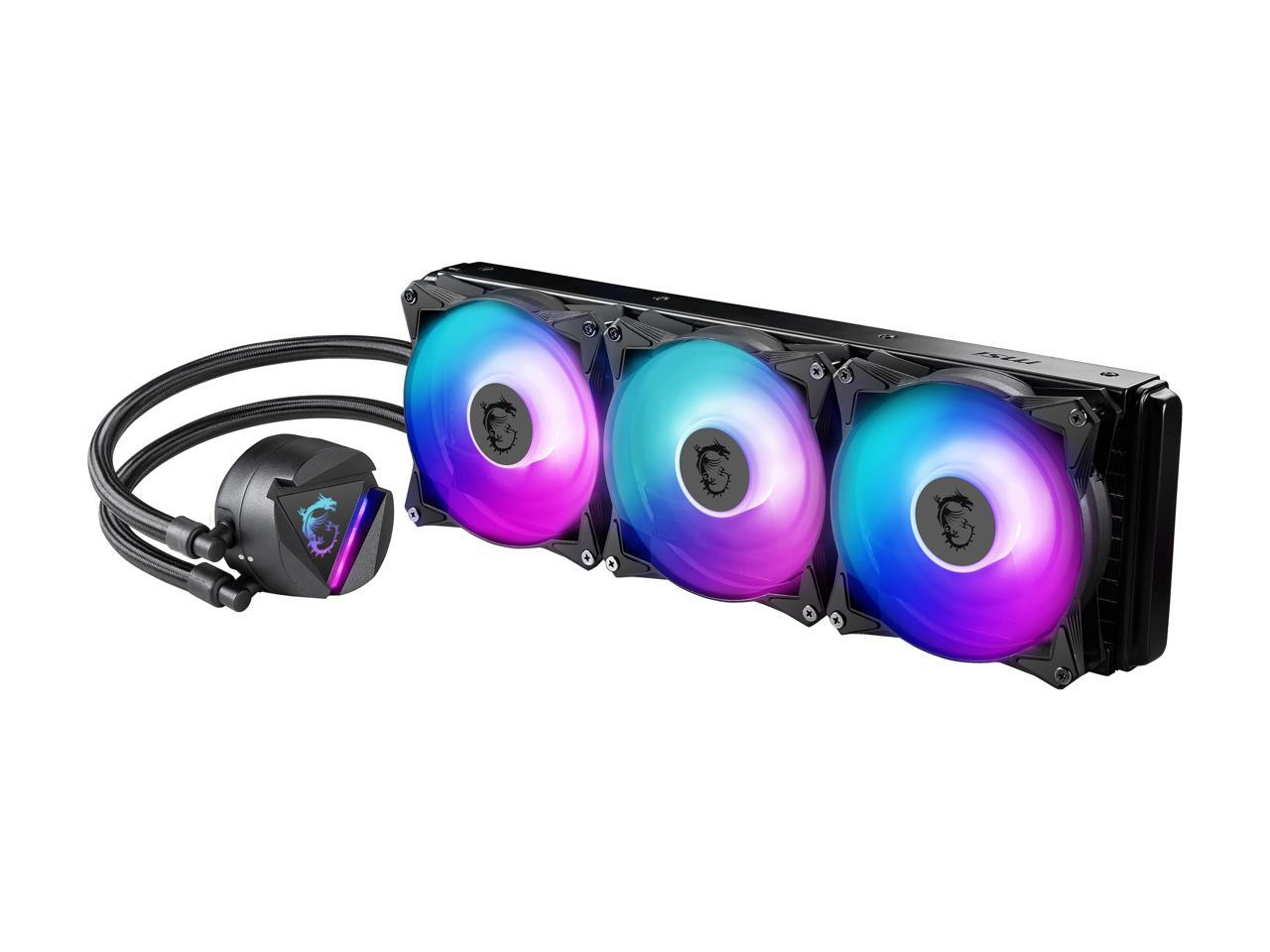 Msi Mag Series Coreliquid 360R, Rgb Cpu Liquid Cooler (Aio): Rotatable Blockhead Design, 360Mm Radiator, Triple 120Mm Rgb Pwm Fans