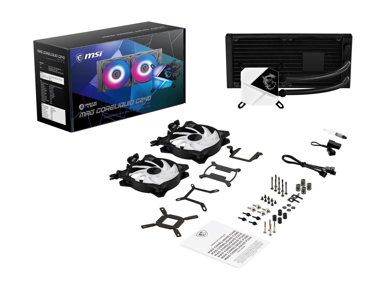 Msi Mag Series Coreliquid C240 Aio Liquid Cpu Cooler, 240Mm Radiator, Dual 120Mm Pwm Fans, Argb Lighting Controlled By Software