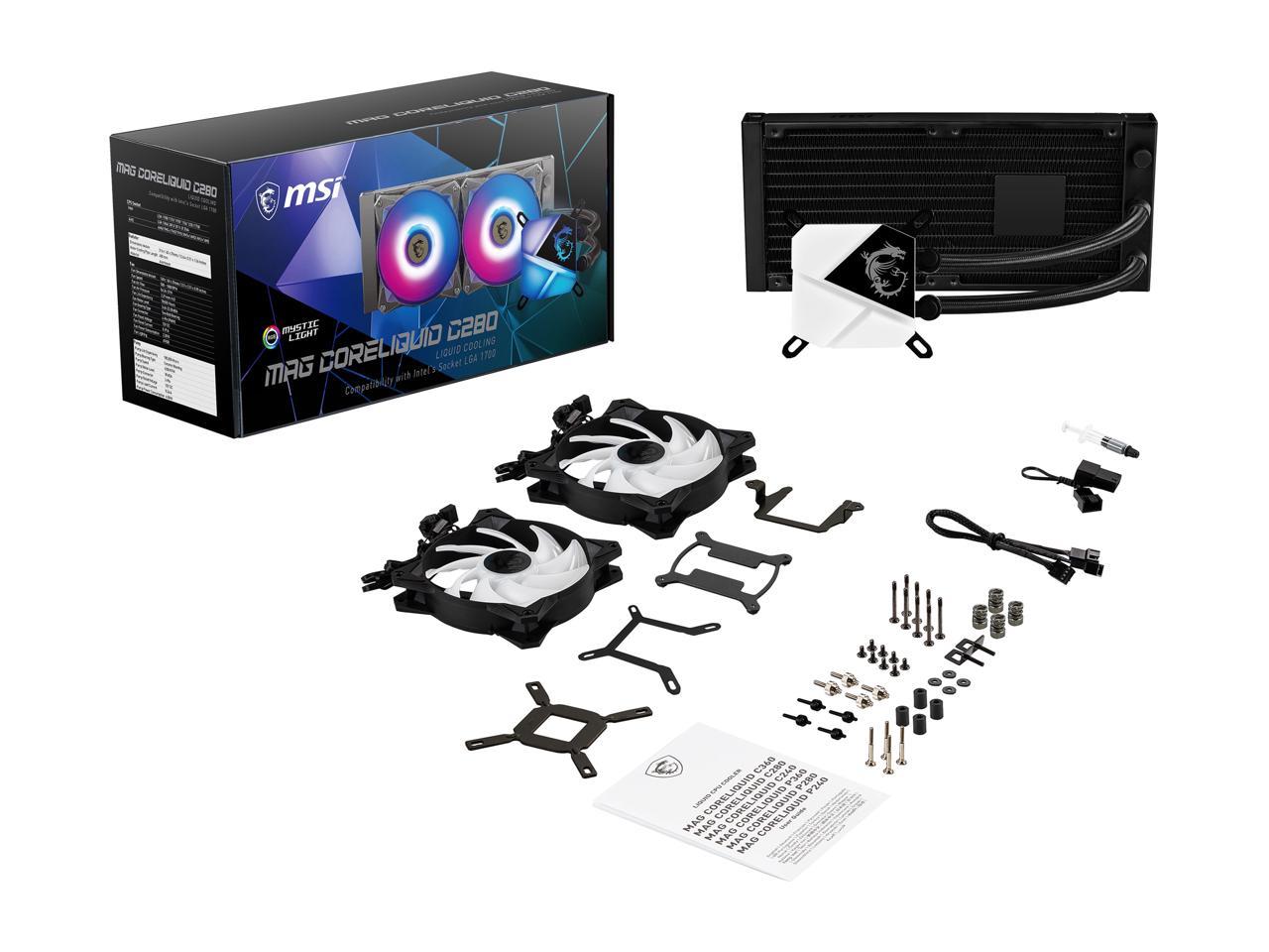 Msi Mag Series Coreliquid C280 Aio Liquid Cpu Cooler, 280Mm Radiator, Dual 140Mm Pwm Fans, Argb Lighting Controlled By Software