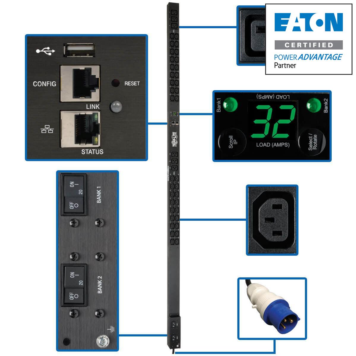 Monitored Power Distribution Unit - 7.7kW Single-Phase PDU LX Interface | Tripp Lite Eaton PDUMNV32HV2LX