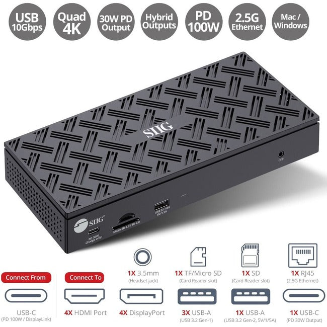 Siig Usb-C Quad Hybrid 4K Video Docking Station With 100W Pd