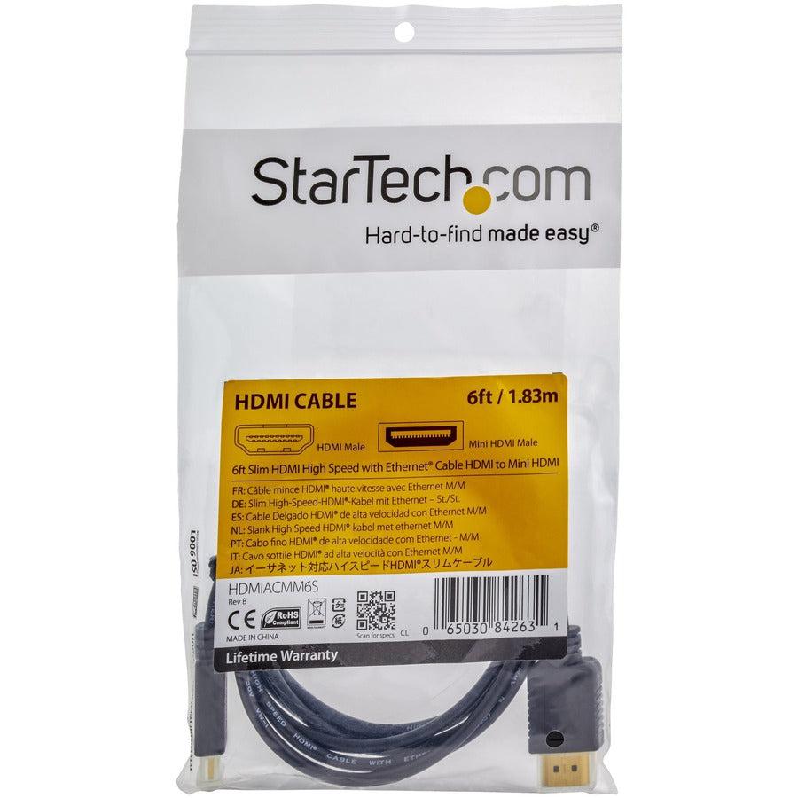 Startech.Com 6 Ft Slim High Speed Hdmi Cable With Ethernet - Hdmi To Hdmi Mini M/M