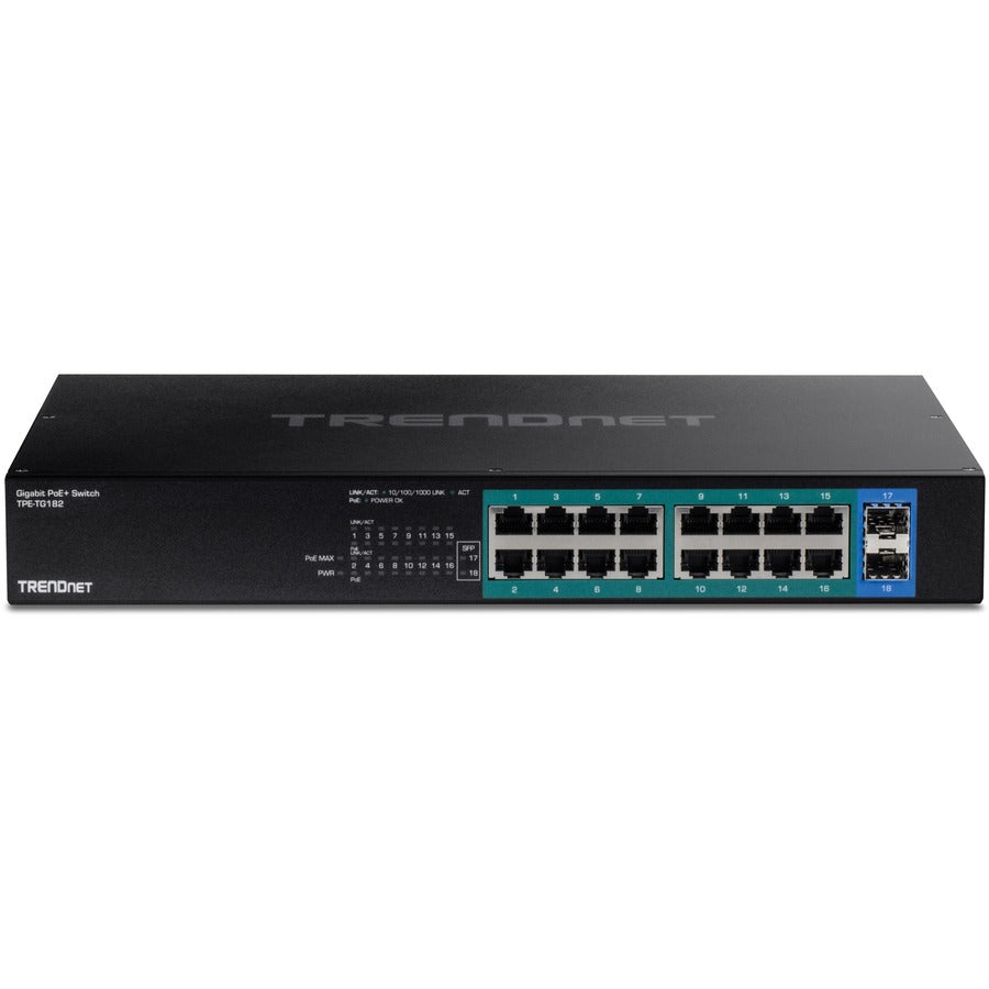 TRENDnet 18-Port Gigabit PoE+ Switch, 16 x 30W PoE+ Ports, 2 Gigabit SFP Slots, 240W PoE Budget, 36Gbps Switching Capacity, 1U 19 Rack Mountable TPE-TG182