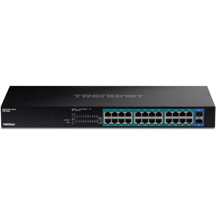 TRENDnet 26-Port Gigabit PoE+ Switch, 24 x 30W PoE+ Ports, 2 Gigabit SFP Slots, 380W PoE Budget, 52Gbps Switching Capacity, 1U 19 Rack Mountable TPE-TG262