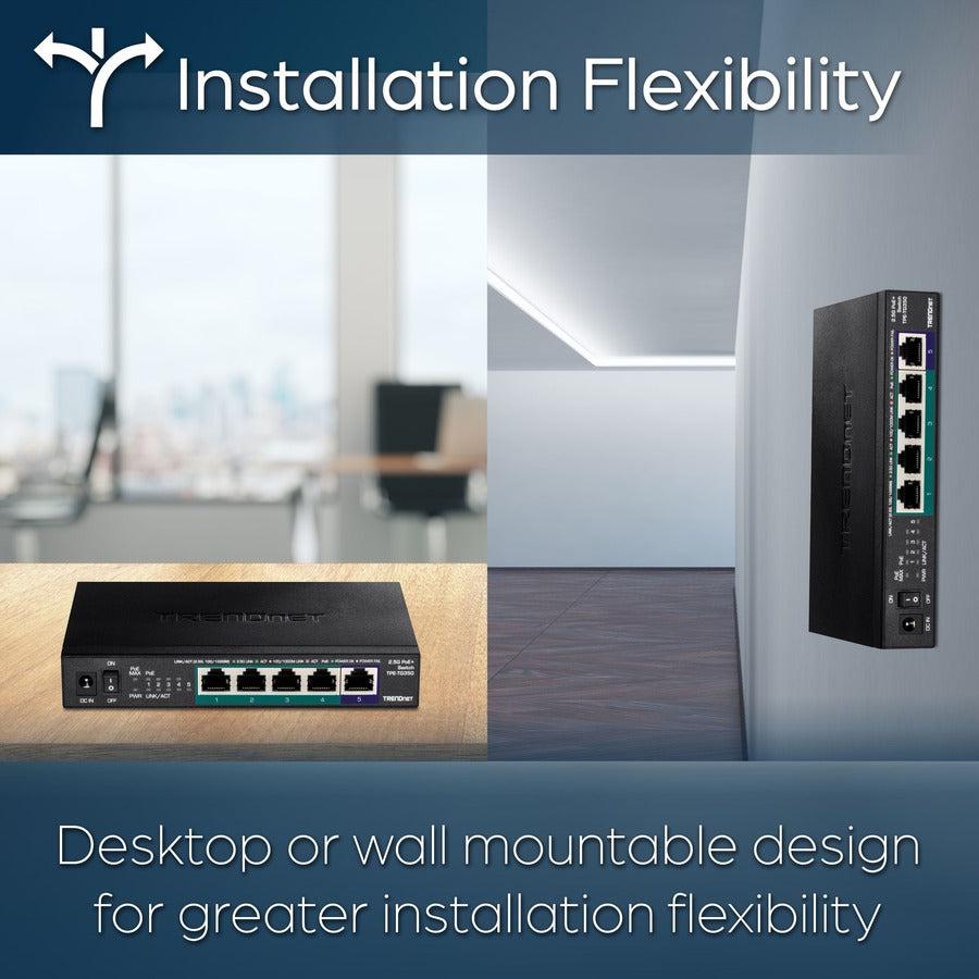 TRENDnet 5-Port Unmanaged 2.5G PoE+ Switch, Fanless, Compact Desktop Design, Metal Housing, 2.5GBASE-T Ports, IEEE 802.3bz, 55W PoE Budget, Lifetime protection, Black, TPE-TG350