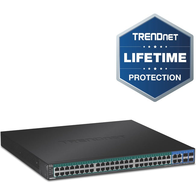 TRENDnet 52-Port Web Smart PoE+ Switch; 48 x Gigabit PoE+ Ports; 4 x Shared Gigabit Ports (RJ-45 or SFP); VLAN; QoS; LACP; IPv6 Support; 740W PoE Power Budget; Lifetime Protection; TPE-5048WS