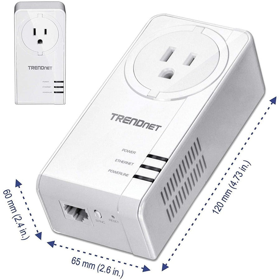 TRENDnet Powerline 1300 AV2 Adapter With Built-in Outlet Adapter Kit, Includes 2 x TPL-423E Adapters, IEEE 1905.1 & IEEE 1901, Gigabit Port, Range Up To 300m (984 ft), White, TPL-423E2K