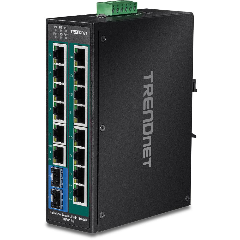 TrendNet 16-Port Industrial PoE+ Switch - DIN-Rail Gigabit Network Hub | Tecisoft® TI-PG162