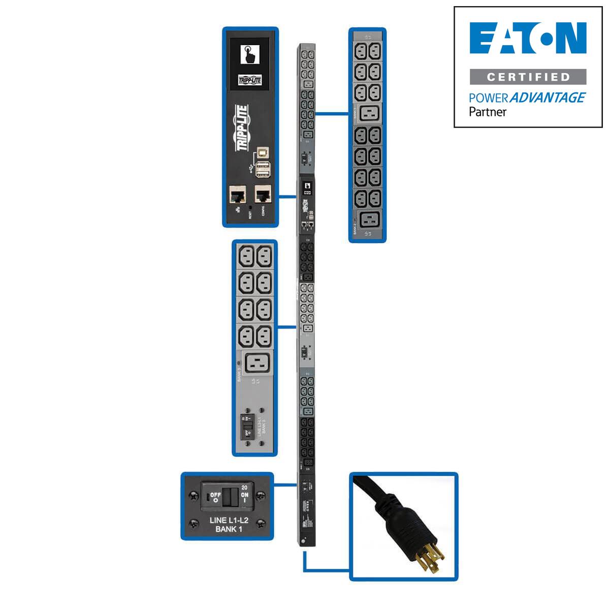 Tripp Lite 10Kw 3-Phase Monitored Pdu, Lx Interface, 200/208/240V Outlets (42 C13/6 C19), Lcd, Nema L15-30P, 1.8M/6 Ft. Cord, 0U 1.8M/70 In. Height, Taa
