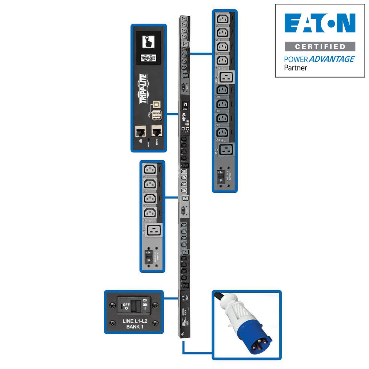 Tripp Lite 10Kw 3-Phase Switched Pdu, Lx Interface, 200/208/240V Outlets (24 C13/6 C19), Lcd, Iec