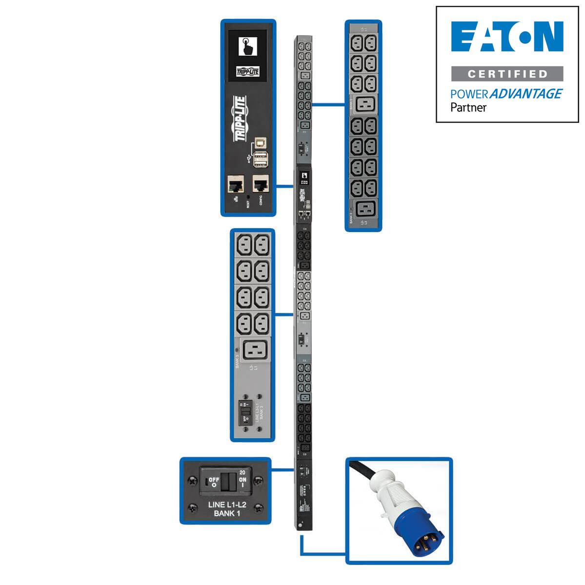 Tripp Lite 14.5Kw 3-Phase Monitored Pdu, Lx Interface, 200/208/240V Outlets (42 C13/6 C19), Lcd, Iec-309 60A Blue, 1.8M/6 Ft. Cord, 0U 1.8M/70 In. Height, Taa