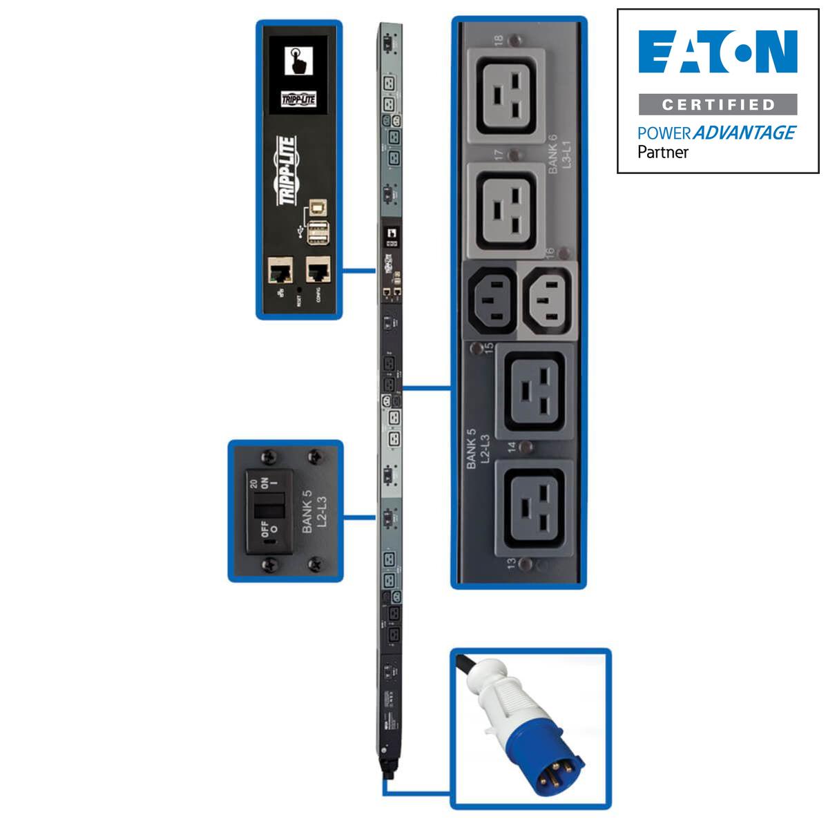 Tripp Lite 16.2Kw 3-Phase Monitored Per-Outlet Pdu - Lx Platform, 12 C19 & 6 C13 Outlets (208/240V), Iec 309 60A Blue, 0U, Taa