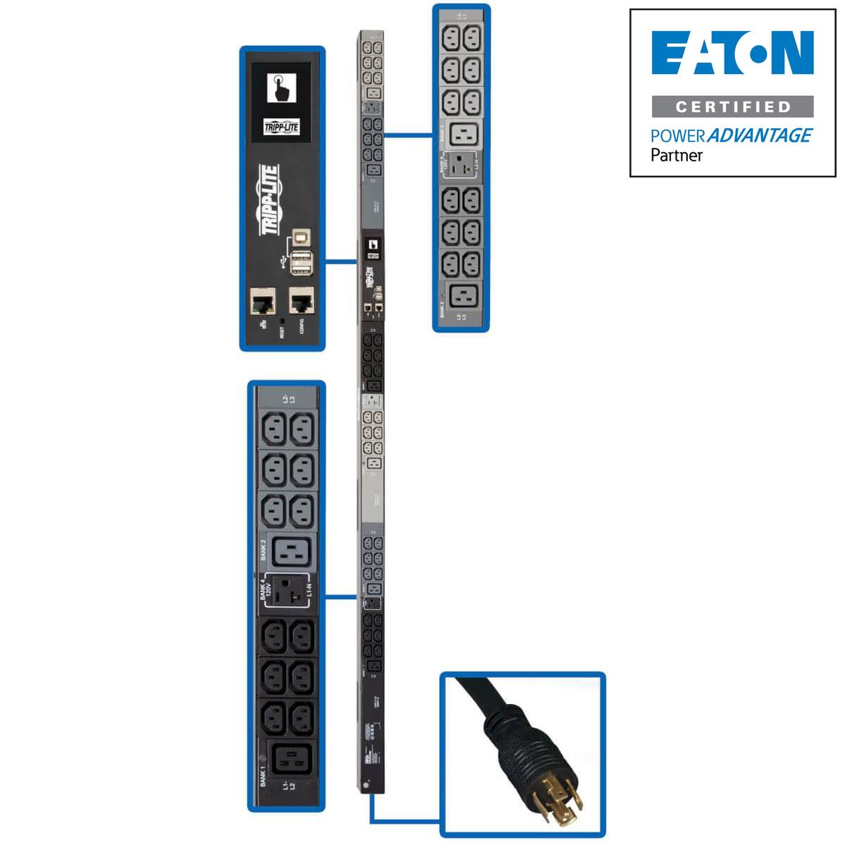 Tripp Lite 5.8Kw 3-Phase Pdu, Vertical, Monitored, 0U With 36 Iec C13, 6 C19, 3 5-15/20R Plug Sockets - L21-20P Input