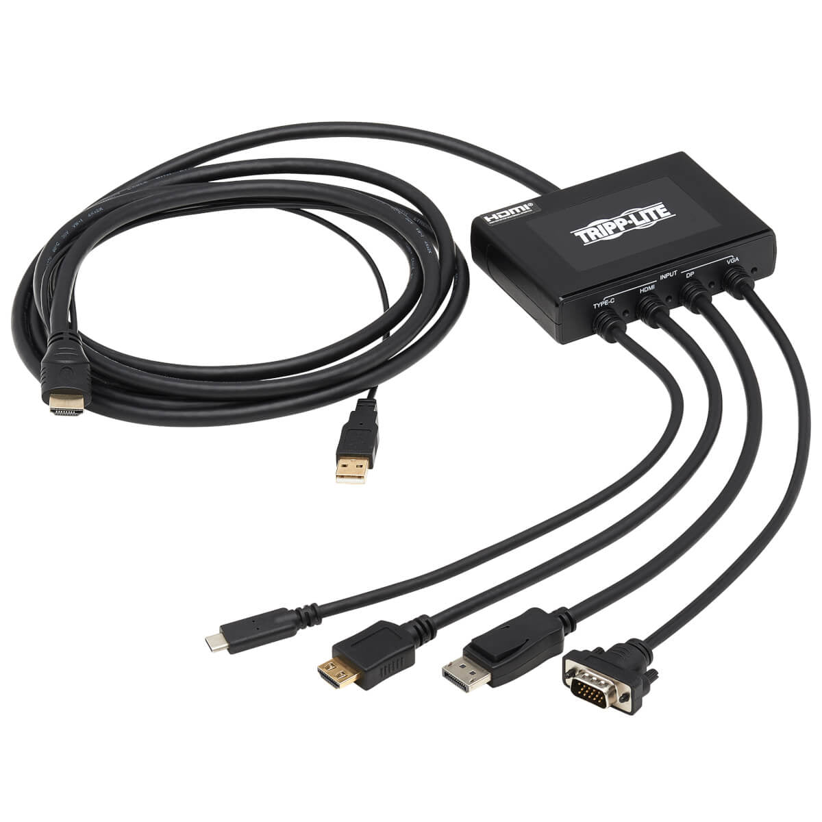 Tripp Lite B321-4X1-Hdvc 4-Port Presentation Adapter, 4K 60 Hz (4:4:4) Hdmi, Dp, Usb-C And 1080P Vga To Hdmi, Built-In Cables