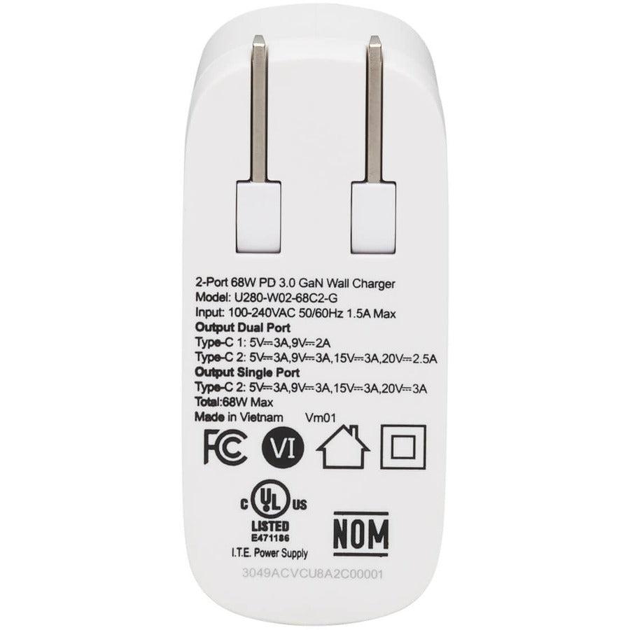 Tripp Lite Dual-Port Compact Usb-C Wall Charger - Gan Technology, 68W Pd Charging (50W+18W), White